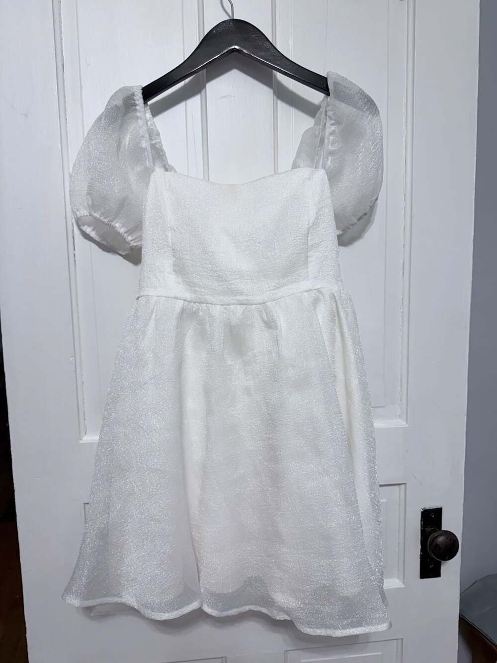 Lulus White Shimmer Puff Sleeve Mini Babydoll Dress with Tie Back L


AD